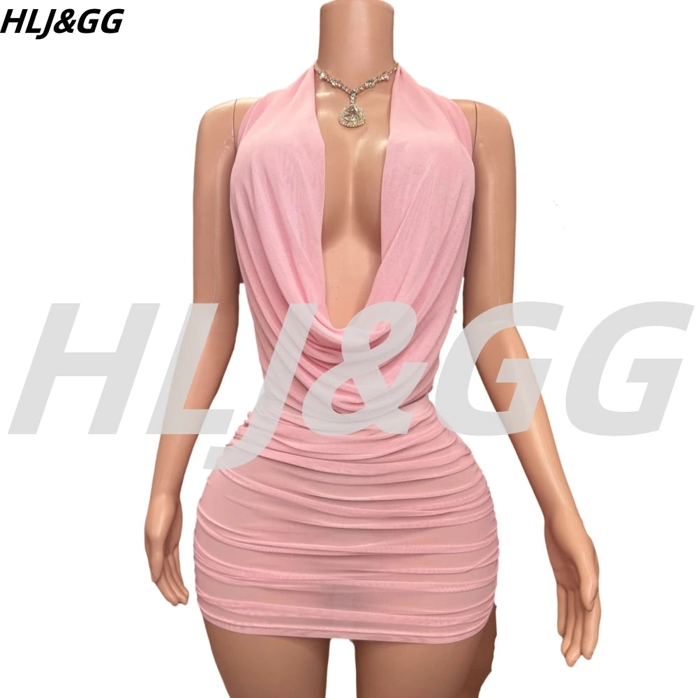 HLJ&GG Sexy Ruched Halter Deep V Mini Skirts Two Piece Sets Women Sleeveless Backless Lace Up Crop Top+Skirts Outfits Streetwear