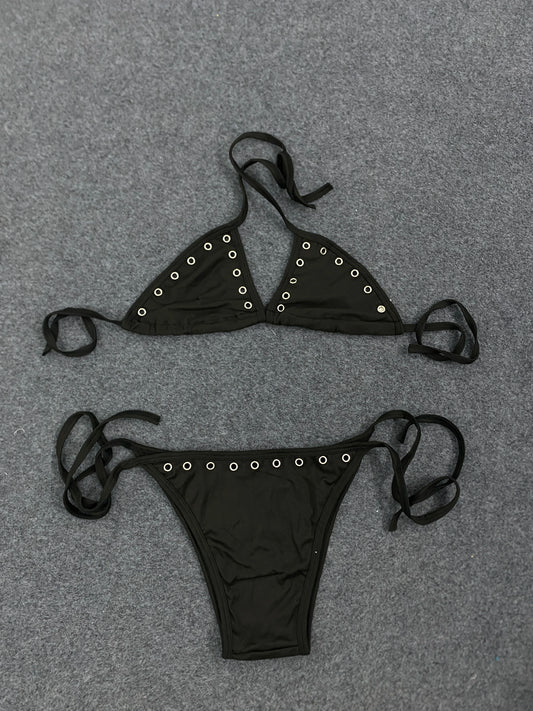 Fashion Rivet-decorated Hhalter Top Three-point Strap Bikini With Adjustable Straps Ins-worthy Sexy Hot Girl Gothic Women's Sets