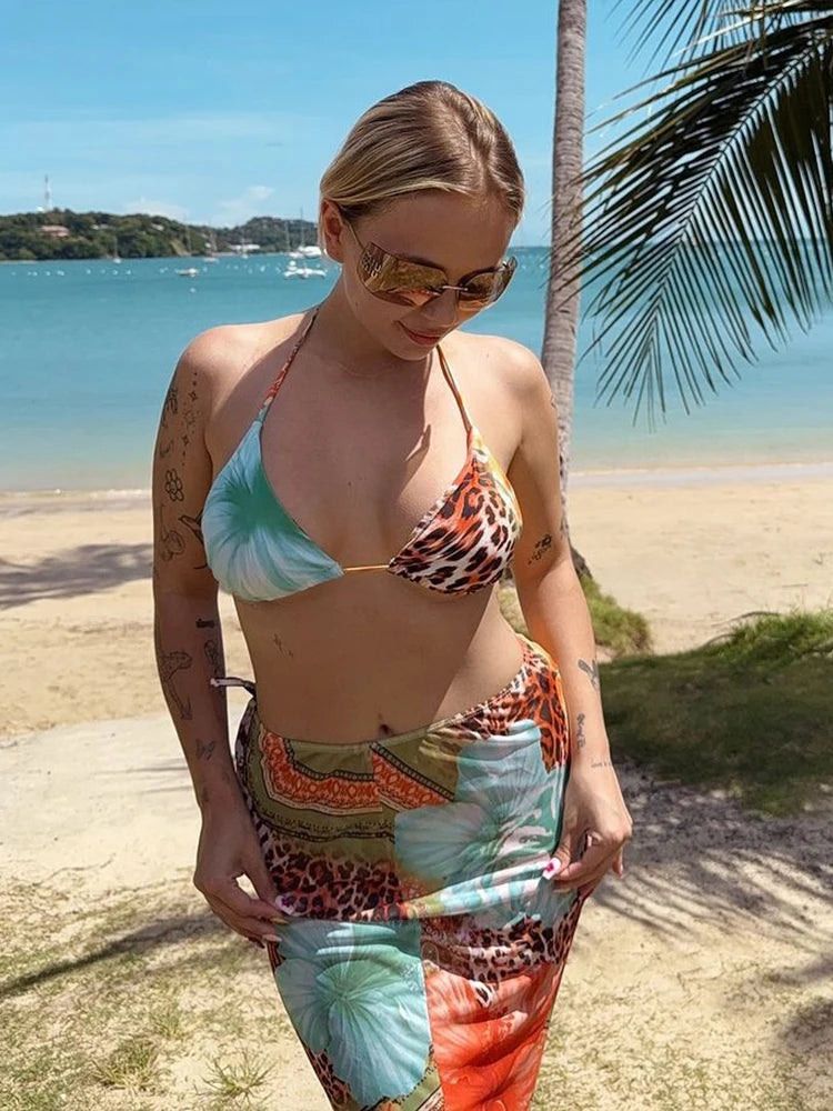 Weird Puss Beach Style Women 3Piece Set Swimsuit Colorful Print Bandage Bra+Briefs+Maxi Skirts Vacation Midnight Club Party Suit