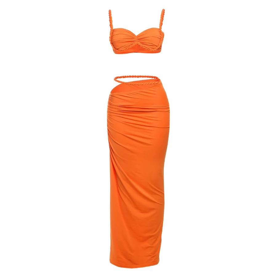 Weird Puss Square Collar 2 Piece Set Women Bra+Skinny Long Skirts Bandage Ruched 2025 Summer Vacation Beach Party Trend Suits