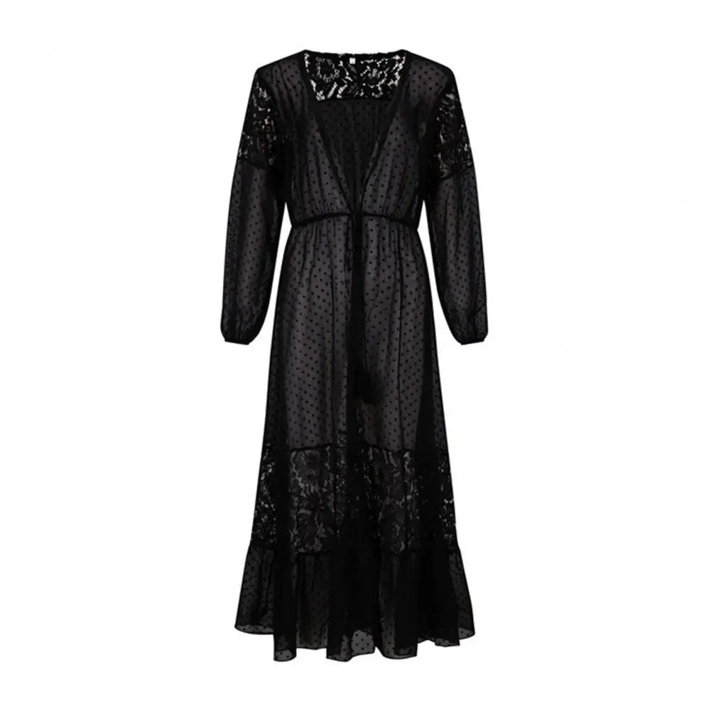 Summer Bikini Cover Up See-through Lace Thin Cardigan Long Sleeves Tassel Sunscreen Lace Up Maxi Dress Summer Beach Dress