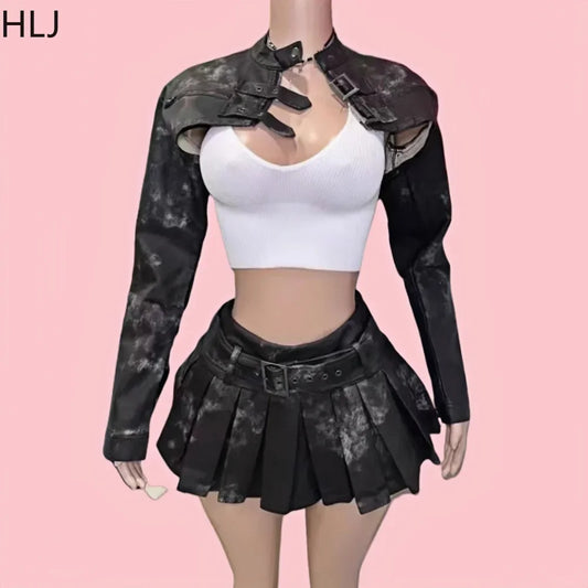 HLJ&GG Balck Fashion Punk Rock Leather Two Piece Sets Women Button Long Sleeve Crop Jacket+Belt Pleated Skirts Outfit Streetwear
