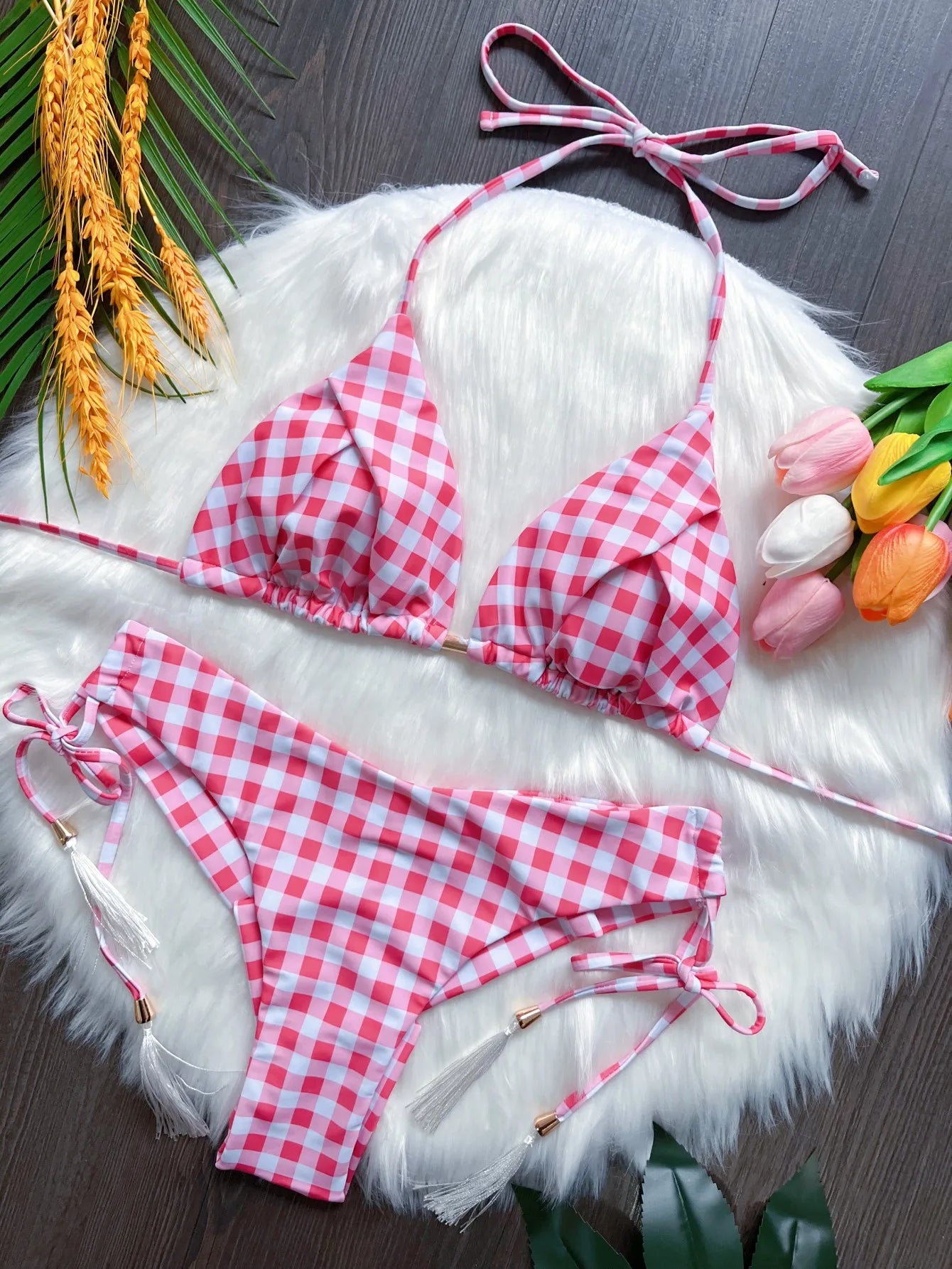 RUOTONSEPT Sexy Lattice Print Bandage Bikini Set Women's Swimsuit Two-piece Triangle Swimwear Bathing Suit Brazilian Biquini New