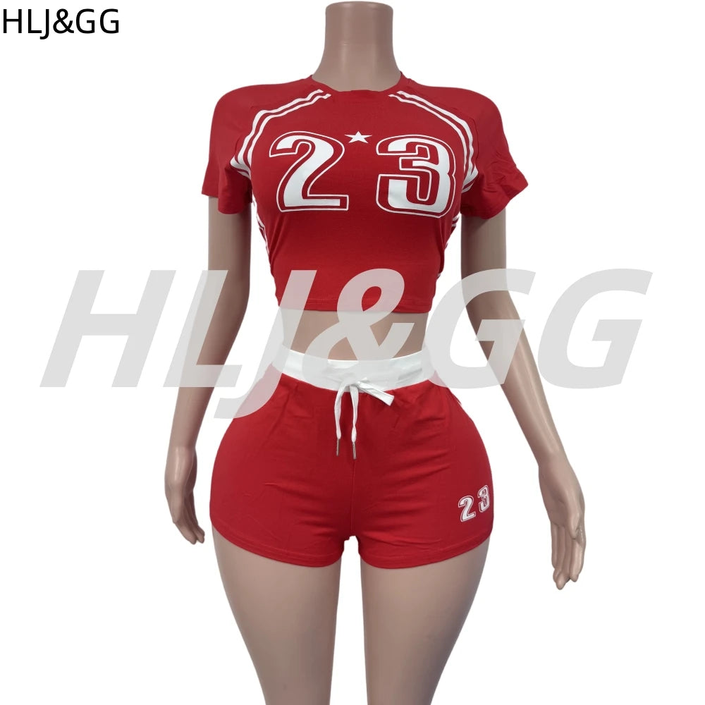 HLJ&GG Summer New Letter Print Drawstring Shorts Two Piece Sets Women Round Neck Short Sleeve Slim Crop Top And Shorts Outfits