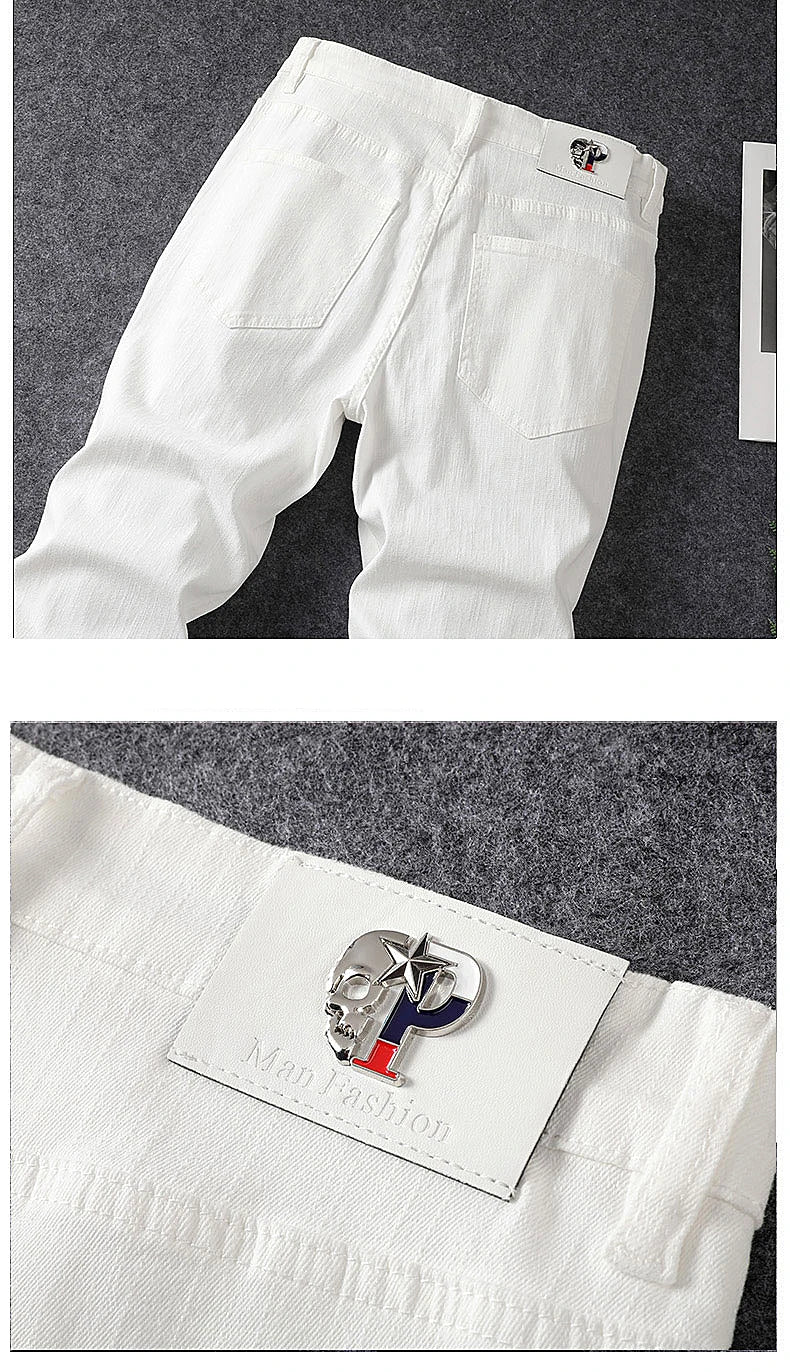 2024 spring and summer hot selling men's white distressed hot drilling jeans slim fit stylish American high street trendy jeans