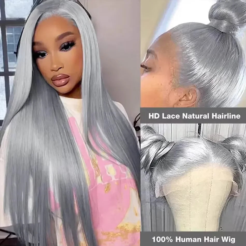 30Inch Straight Lace Front Wig Human Hair Light Grey 13x6HD Lace Front Wig Human Hair Pre Plucked 13x4 Lace Front Wig Human Hair