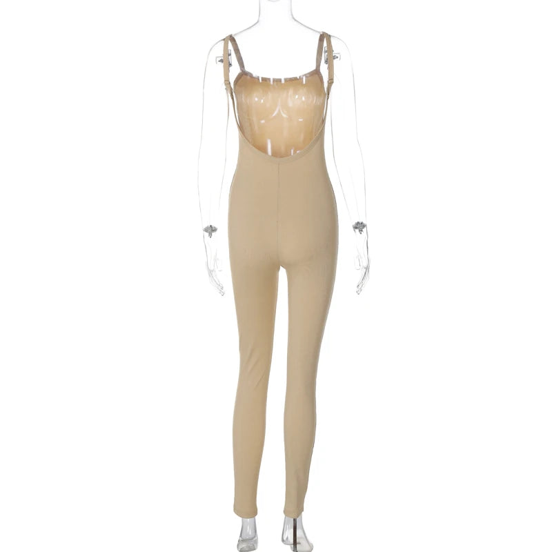 Hugcitar 2024 Fashion Ribbed Solid Slips Backless Sexy Skinny One Piece Jumpsuit Women Y2K Romper Vacation Sport Overalls