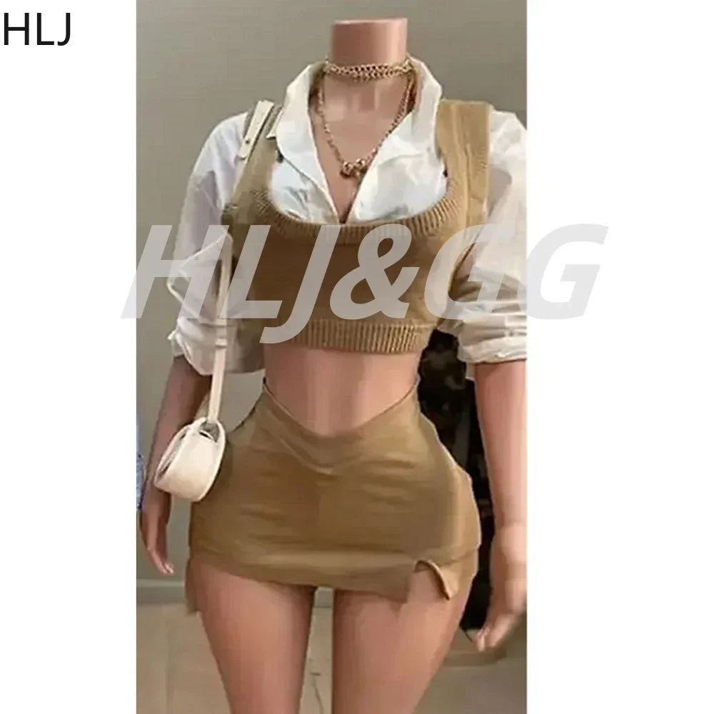 HLJ&GG Autumn Knit Vest Shirts Two Piece Sets Women Lapel Button Long Sleeve Top And Mini Skirts Outfits Fashion Retro 2pcs Suit
