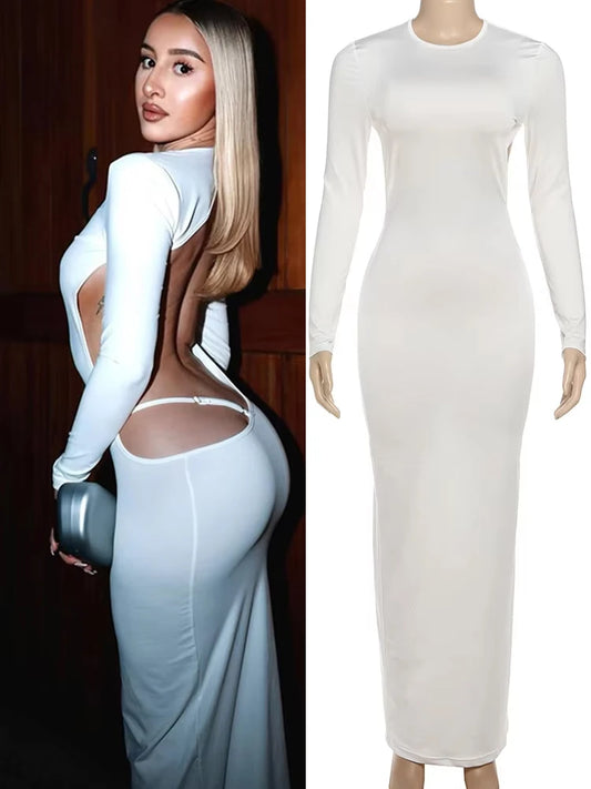 Weird Puss Backless Dress Women Sexy o-Neck Full Sleeve Adjustable Straps Autumn Fashion Skinny Simple Midnight Maxi Bodycon