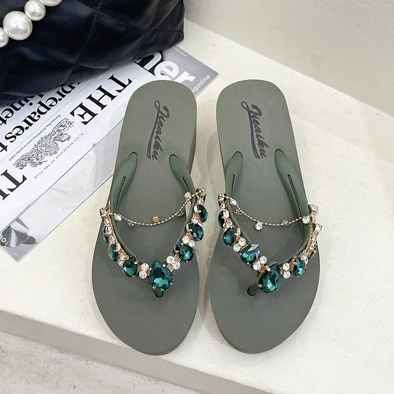 Women Slippers Fashion 2026 Summer New Water Diamond Flip Flops Women Outwear Thick Sole Slope Heels Beach Vacation Slippers