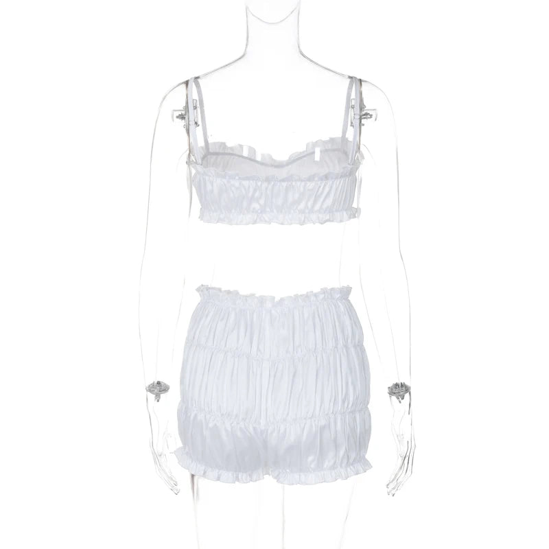 Weird Puss Elegant Trend Women 2 Piece Set Ruched Tracksuit Summer Sexy Ruffles Skinny Camisole+Shorts Casual Streetwear Outfits