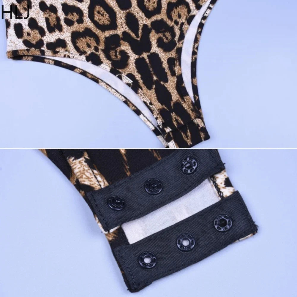 HLJ&GG Sexy Leopard Bodycon Bodysuits Women Turtleneck Long Sleeve Slim Romper Spring New Fashion One Piece Jumpsuit Clubwear
