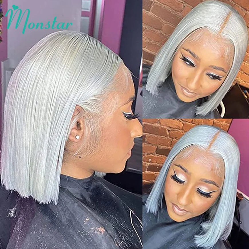 Sliver Grey Short Bob Human Hair Wigs 13x6 613 Blonde Bob Wig Transparent Lace Frontal Wig Bone Straight Brazilian Remy Hair Wig