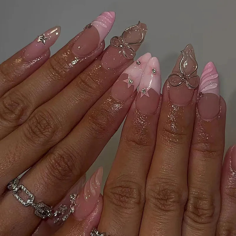 24pcs Pink White Girl Wearing Fake Nails with 3D Bow Design Shiny Pink French False Nails Wearable Full Cover Press on Nails