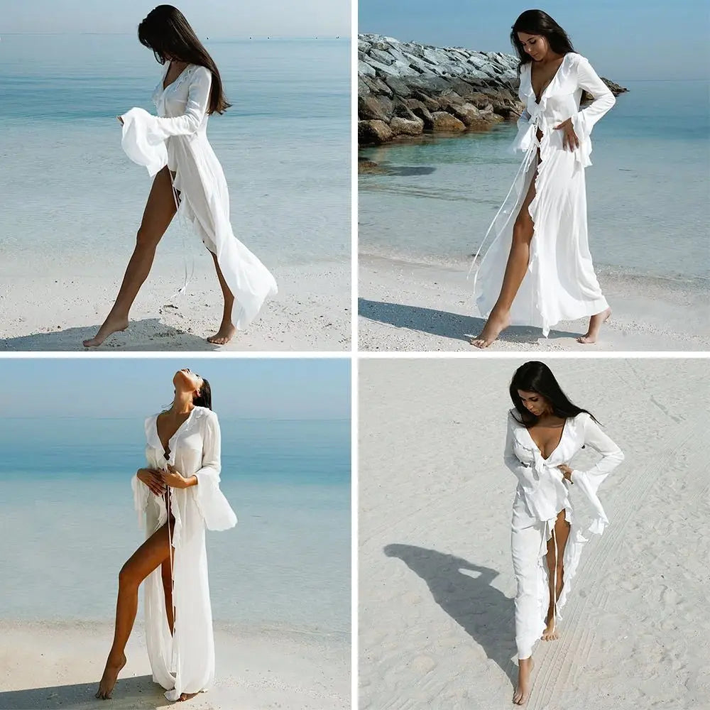 Fashion V Neck Summer Beach Cover Up Ruffled Loose Beach Dress Long Sleeve Vacation Swimsuit Cover Up Dress for Women
