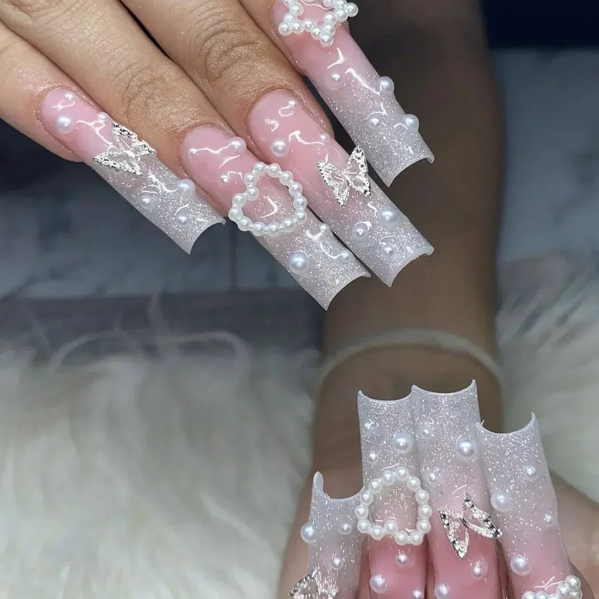 24Pcs Shimmery Long Coffin False Nails with Glue Ballerina Nail Design Sweet Fashion French Press on Acrylic Nails Tips