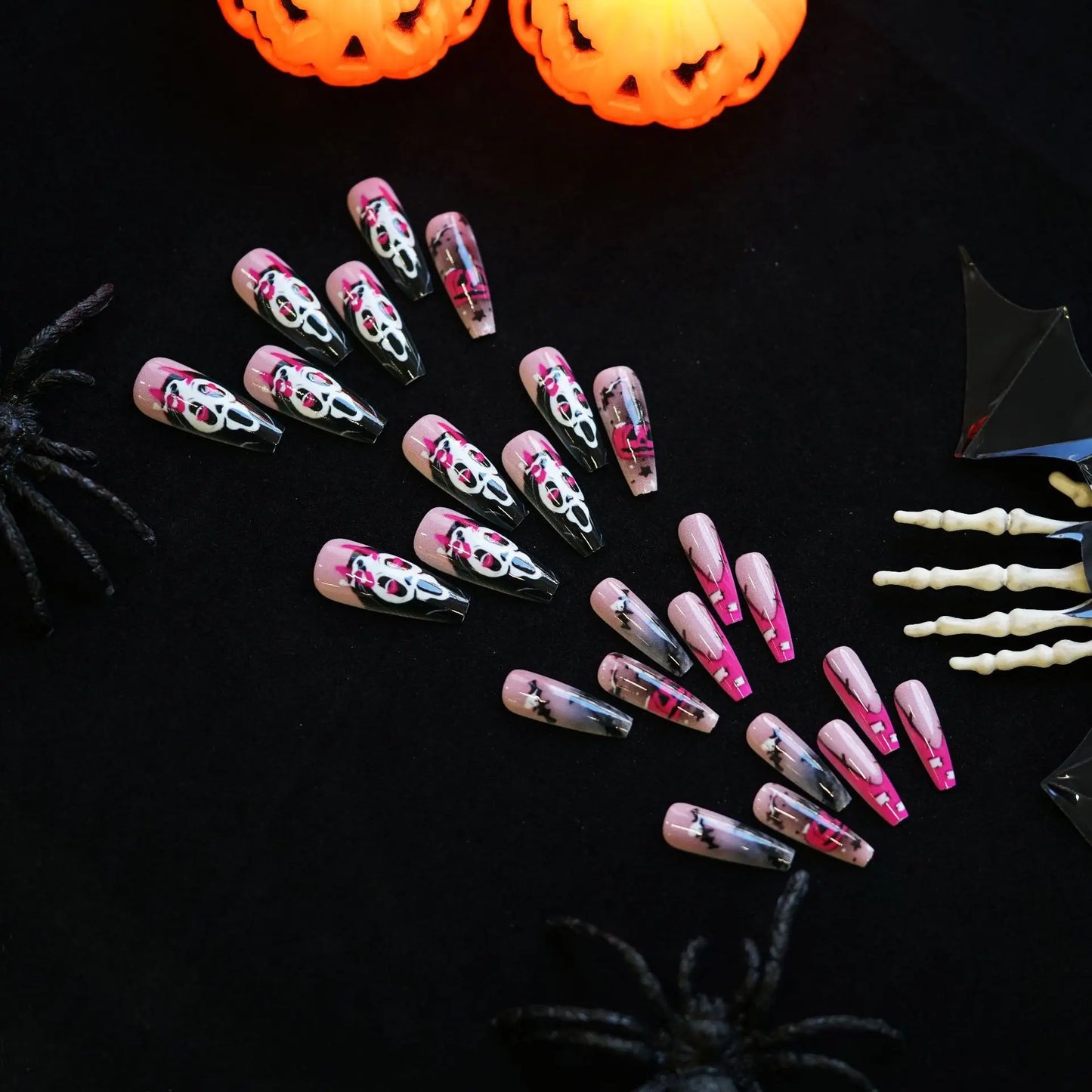 24pcs Halloween False Nails Ghost Witch Pumpkin Print Fake Nails Tips Wearable Detachable European Long Ballet Press on Nails