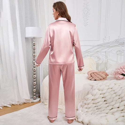 Autumn Satin Women‘s Pajamas Set Notched Collar Top & Wide Leg Long Pants 2 Pieces Sleepwear Female Loungewear Like Leisure Suit