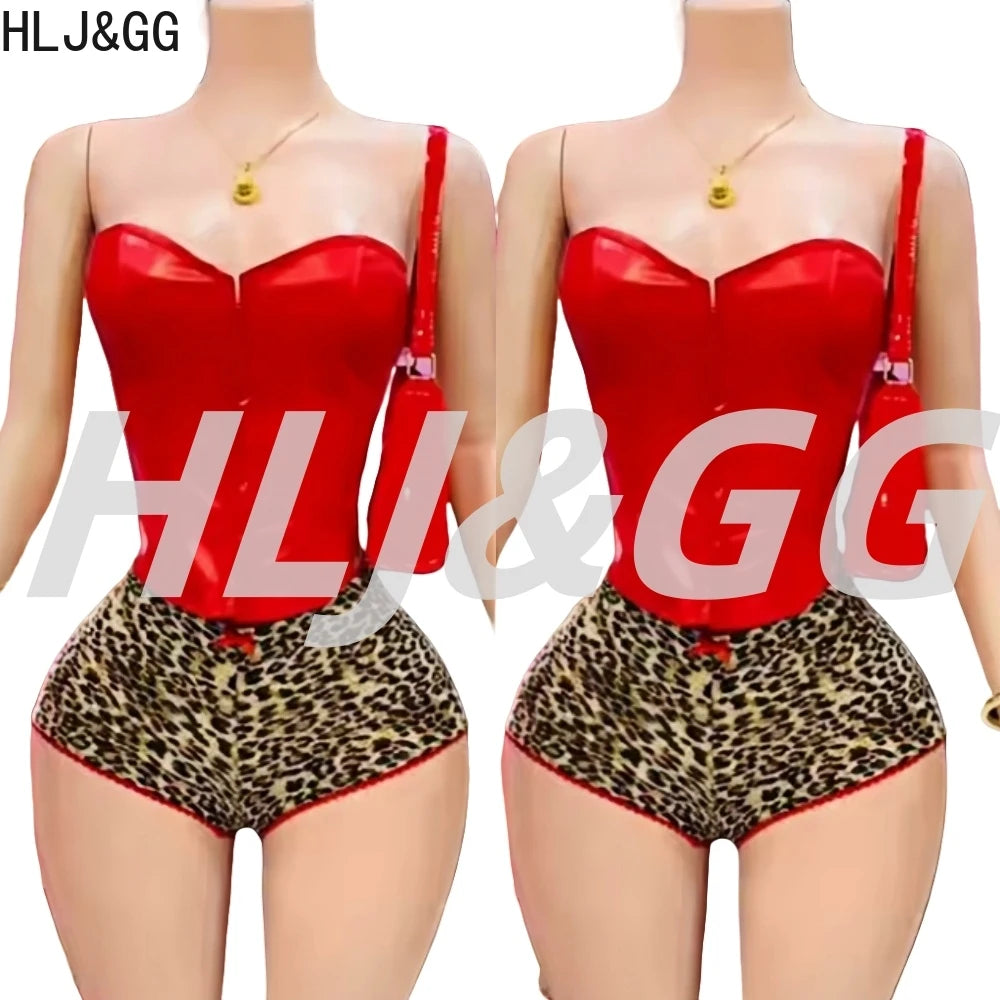 HLJ&GG Sexy Glossy Leather Corset Two Piece Sets Women Off Shoulder Slim Crop Top+Leopard Shorts Outfits Fashion Y2K Streetwear