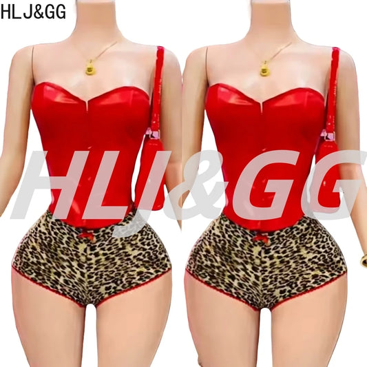 HLJ&GG Sexy Glossy Leather Corset Two Piece Sets Women Off Shoulder Slim Crop Top+Leopard Shorts Outfits Fashion Y2K Streetwear