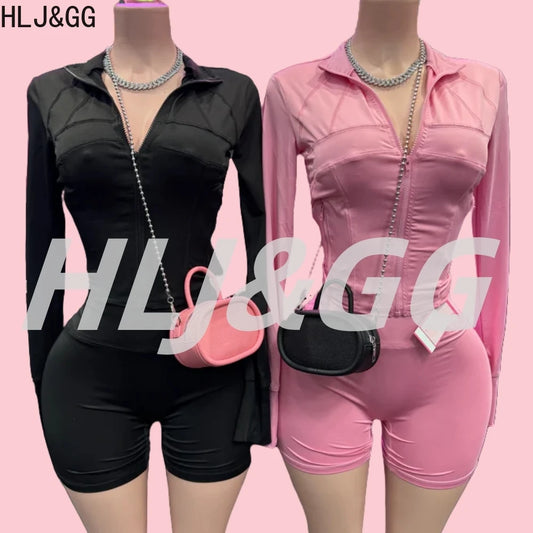 HLJ&GG Casual Sporty Skinny Shorts Two Piece Sets Women Zip Long Sleeve Slim Top + Shorts Outfits Summer New Stretchy Tracksuits