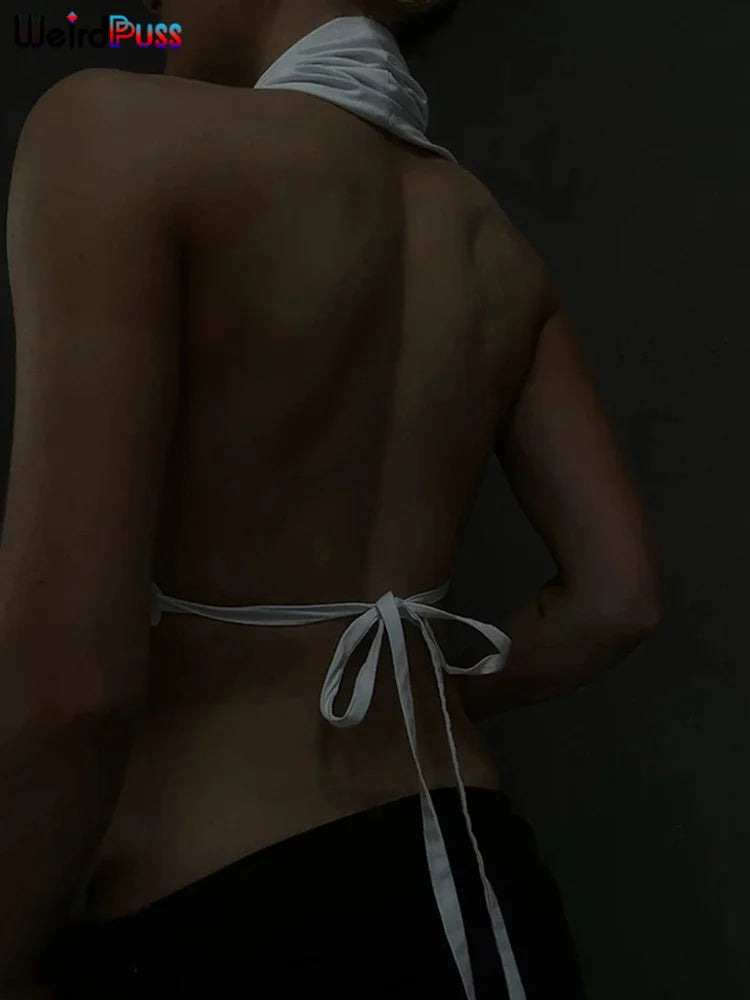 Weird Puss Y2K Button Halter Camisole Women V-Neck Skinny Elegant Sexy Summer Fashion 2022 Wild Streetwear Backless Tank Tops