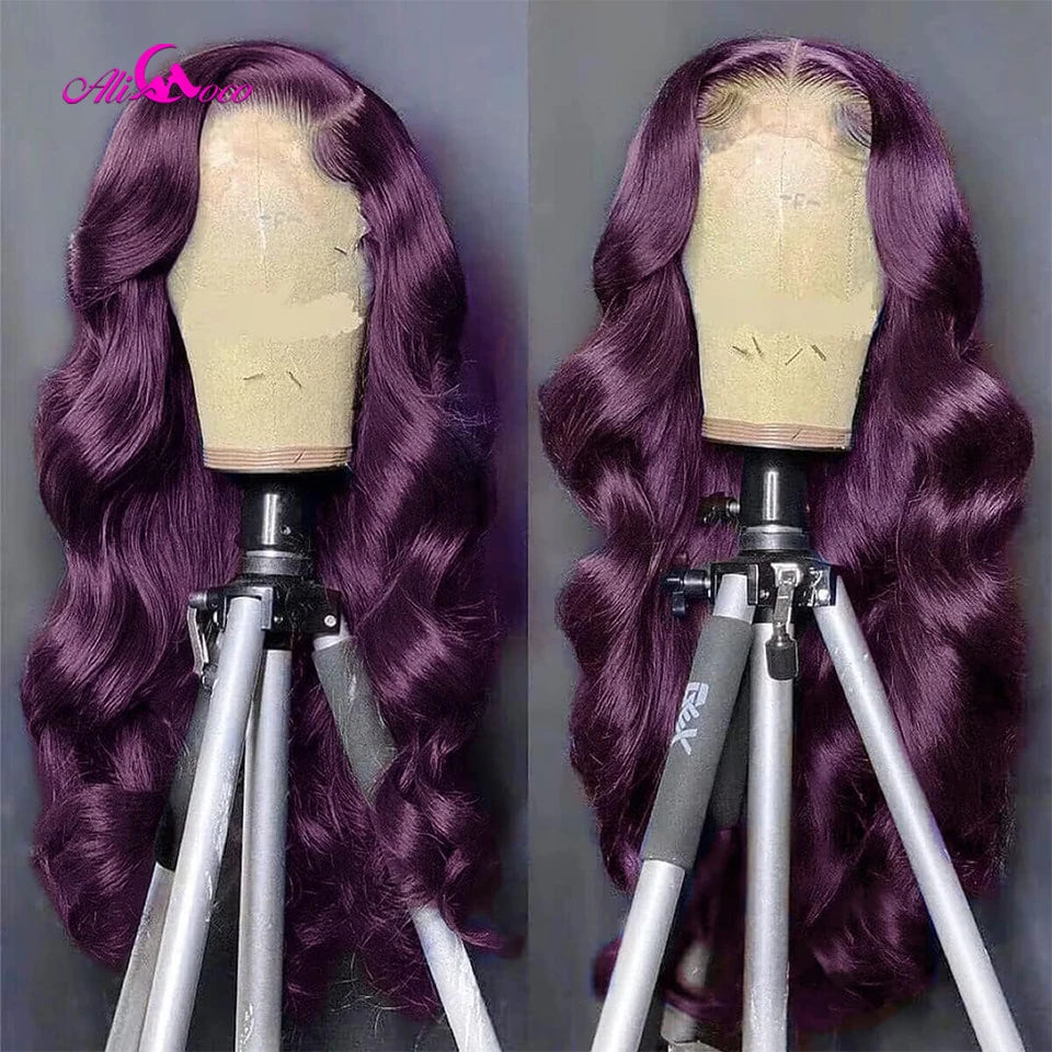Dark Purple 13x4 Body Wave Lace Front Wigs Human Hair 180% Density Deep Smokey Purple Body Wave Wigs for Women Pre Plucked