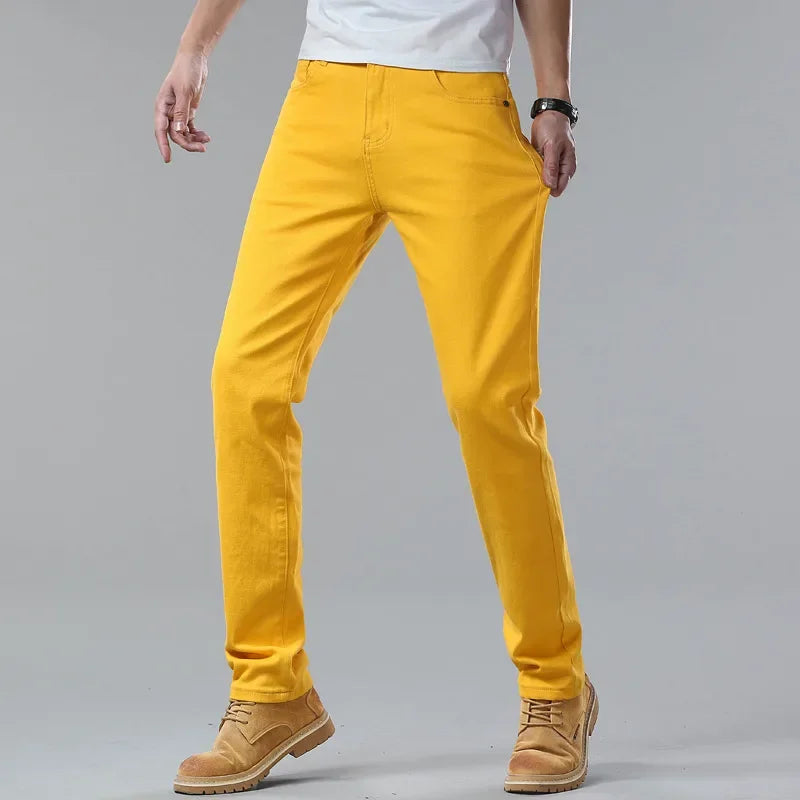 White Yellow Pink fashion 5 Color Men's Cotton Casual Pants Jeans Slim Straight Solid Color Business Trousers Four Seasons Brand