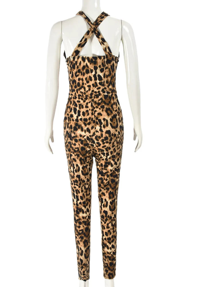 Kricesseen Sexy Leopard Hollow Out Details Skinny Jumpsuits Women Print Backless Halter Fitted Rompers Clubwear Outfits
