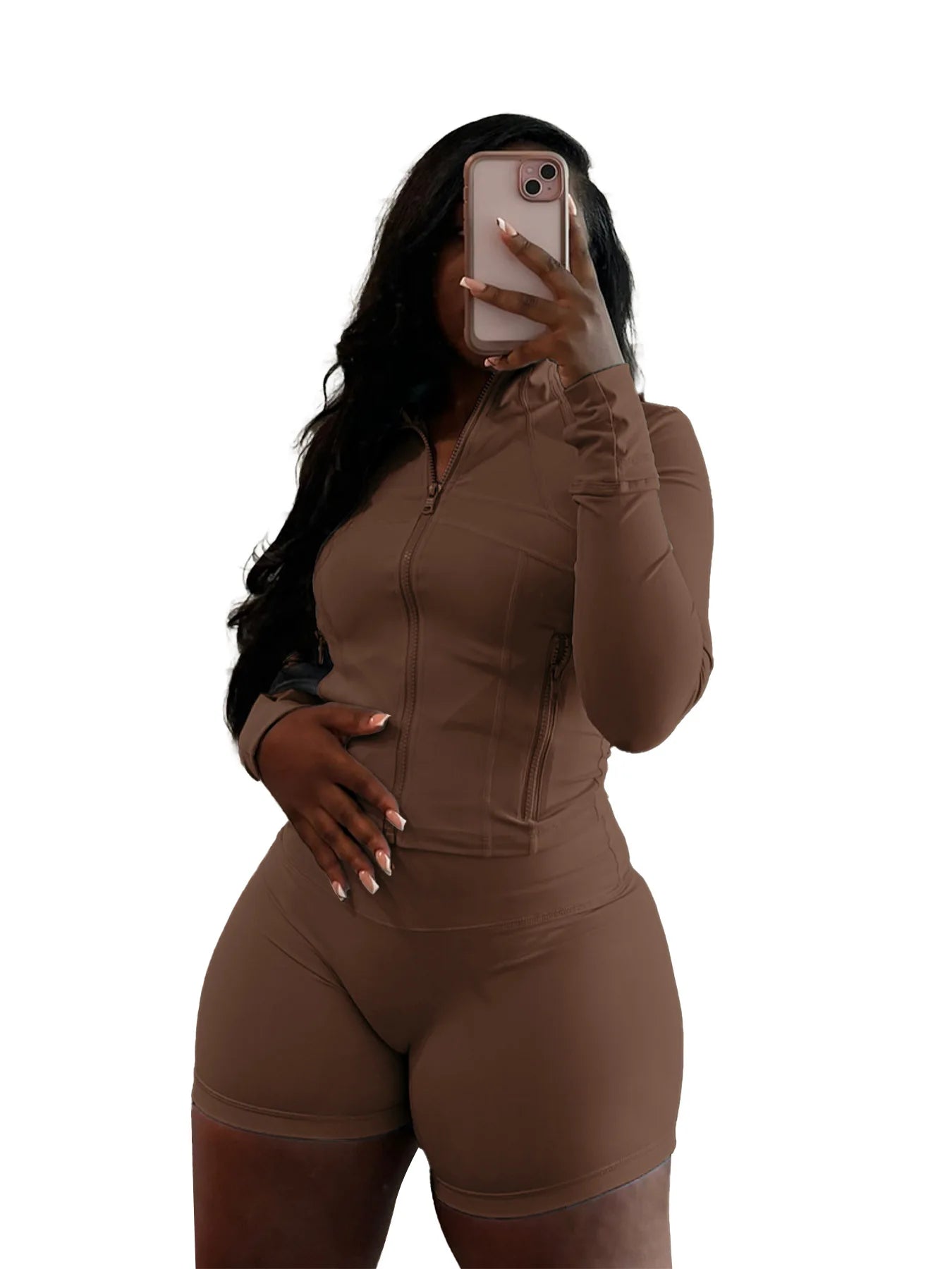 HLJ&GG Casual Sporty Skinny Shorts Two Piece Sets Women Zip Long Sleeve Slim Top + Shorts Outfits Summer New Stretchy Tracksuits