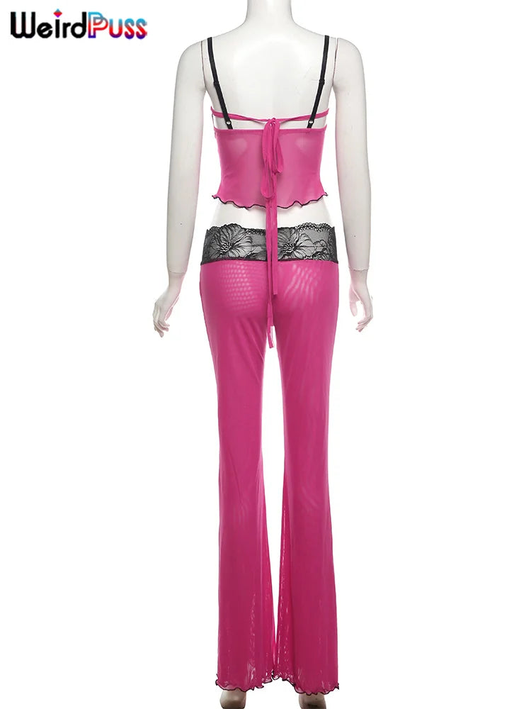 Weird Puss Mesh Patchwork 2 Piece Set Women Sexy Cleavage Sleeveless Crop Tops+Leopard Print Skinny Pants Street Wild Trend Suit