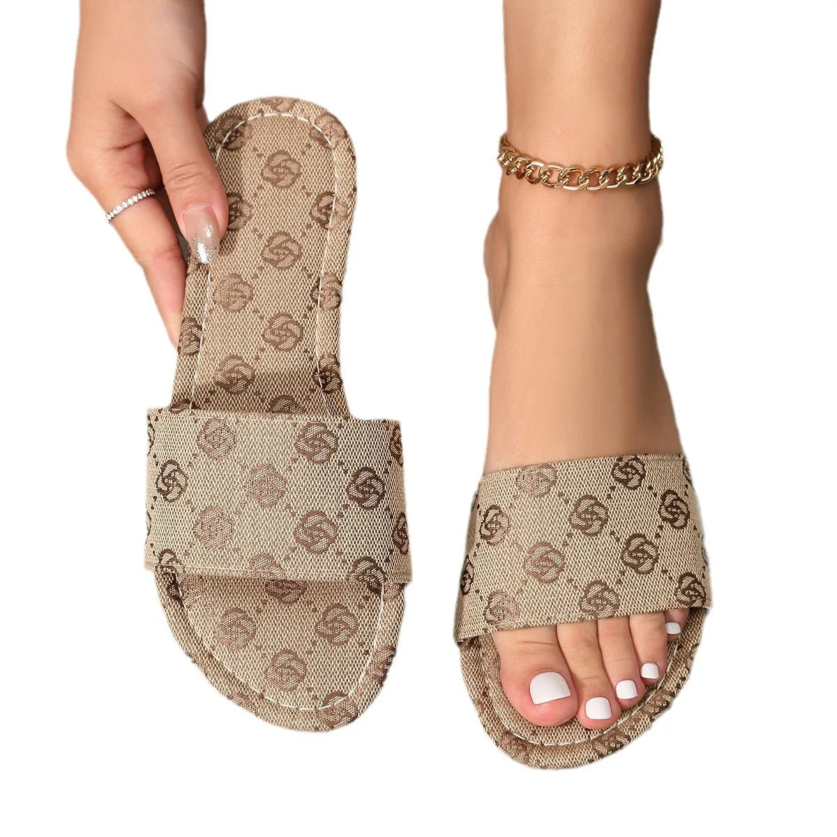 Summer New Women's Round Head Flat Soled Non-slip Slippers Woman Fashion Flowers Khaki Flats Sandals Female Zapatos De Mujer
