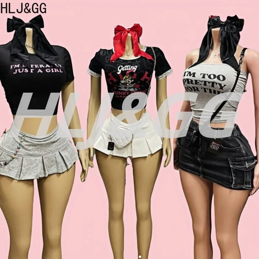 HLJ&GG Y2K Fashion Letter Print Two Piece Sets Women Round Neck Short Sleeve Slim Crop Top + Pleated Mini Skirts Outfits 2025