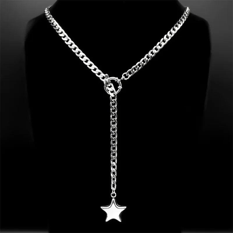 Heart Star O-ring Long Chain For Women Men Punk Rock Necklace Stainless Steel Cuban Necklaces Simple Adjustable Y-Necklace
