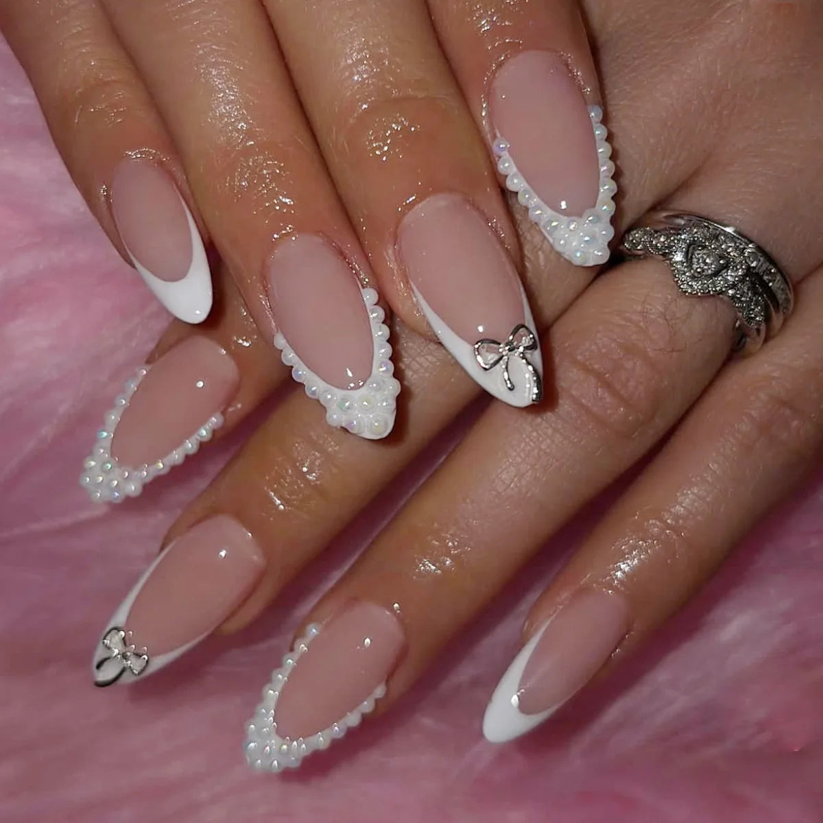 White French Press on Nails 3D Bowknot Fake Nails Tips Full Cover Wearable False Nails for Women and Girls DIY 24Pcs