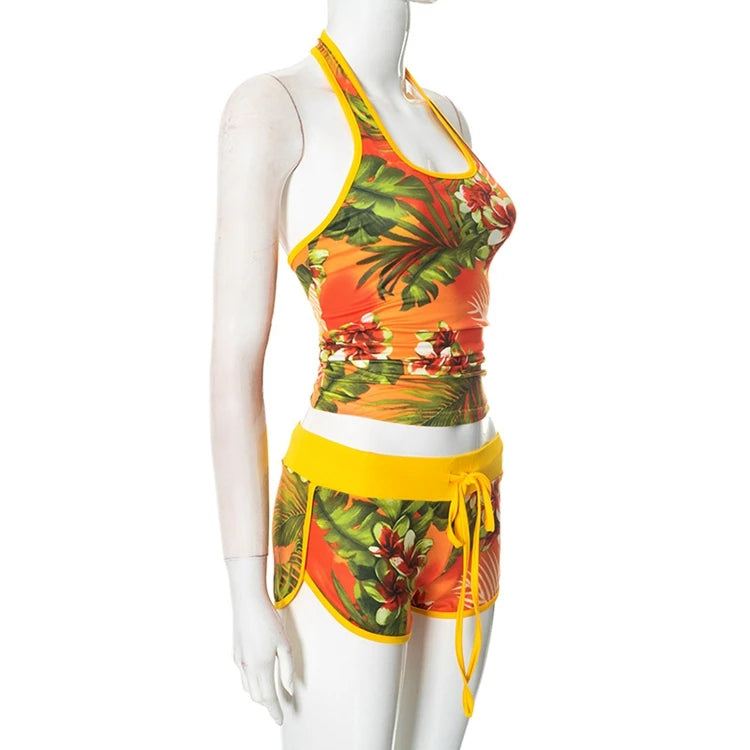 STYLISH LADY Comtrast Color Printed 2 Piece Set Women Halter Backless Crop Top and Drawstring Shorts Suits 2025 Street Outfits