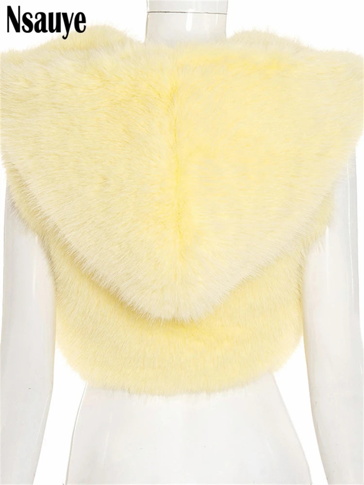 Nsauye Fashion Faux Fur Women Sleeveless Hooded Jackets 2025 Autumn Winter Warm Cardigan Tops Streetwear Slim Outerwear Coat