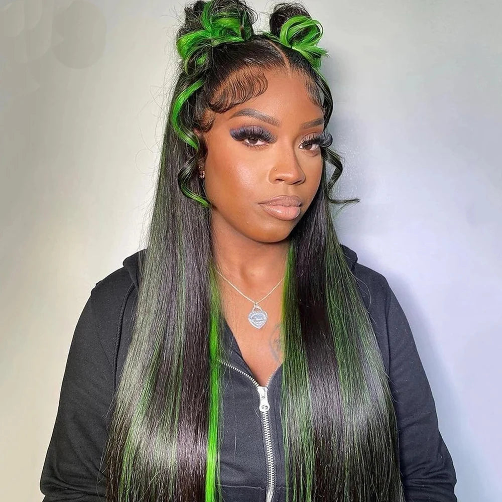 13x4 Ombre Black And Green Straight Lace Frontal Wigs Human Hair 13x6 1B/Green Lace Front Wig Human Hair Pre Plucked Wigs