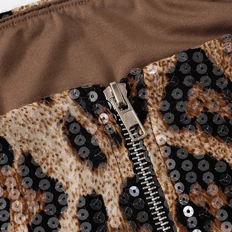 STYLISH LADY Sparkly Sequined Leopard Printed Crop Top 2025 Summer Women Strapless Zipper Slim Sexy Club Party Street Tops Tees