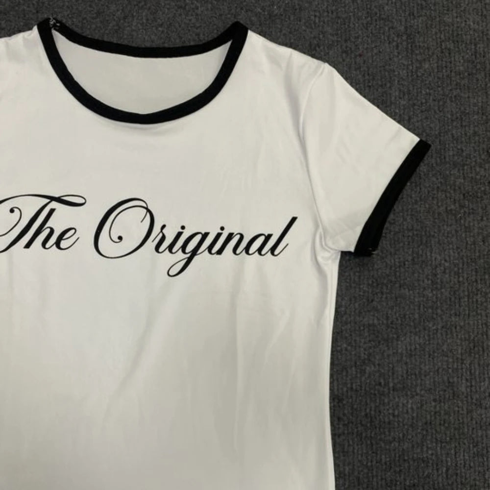 HLJ&GG Summer New Y2K Letter Print Two Piece Sets Women O Neck Short Sleeve Slim Crop Top And Fur Mini Skirts Outfits Streetwear