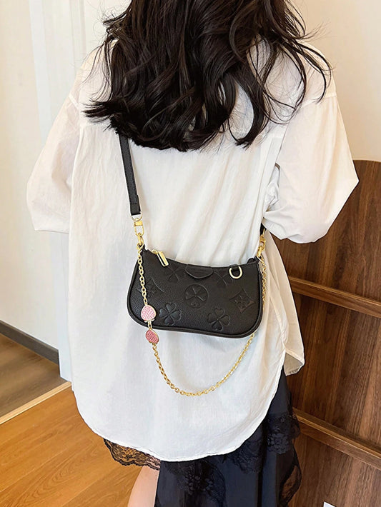 In 2024, the new fashion classic Joker body print pattern design metal chain decoration design underarm baguette bag is suitable