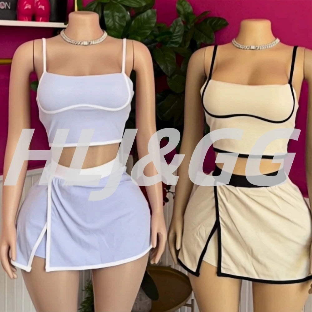 HLJ&GG Fashion High Quality Stretch Sporty Skirts Shorts Two Piece Sets Women Spaghetti Strap Slim Crop Top+Mini Skirts Outfits
