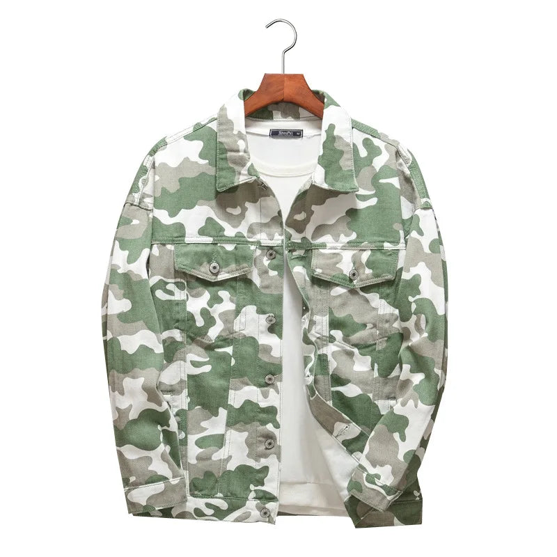2025 New Men's Camouflage Printed Denim Jackets Spring Autumn Long Sleeve Lapel Button-up Casual Jean Coats Fashion Men Clothing