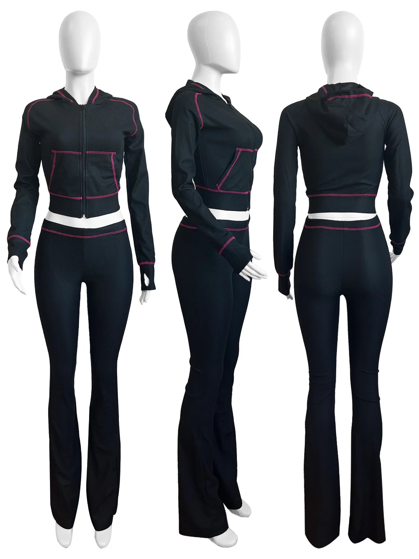 HLJ&GG Spring New Waffle Flare Pants Two Piece Sets Women Zip Hooded Long Sleeve Top + Pants Outfits Casual Sporty 2pcs Clothing