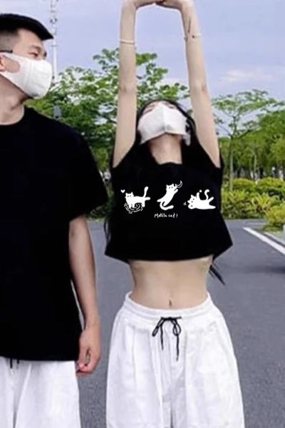 2025 New Design Cute Cats Couple Set Graphic T-shirt Summer Fashion Streetwear Cotton Tee Causal Fit Hot Selling