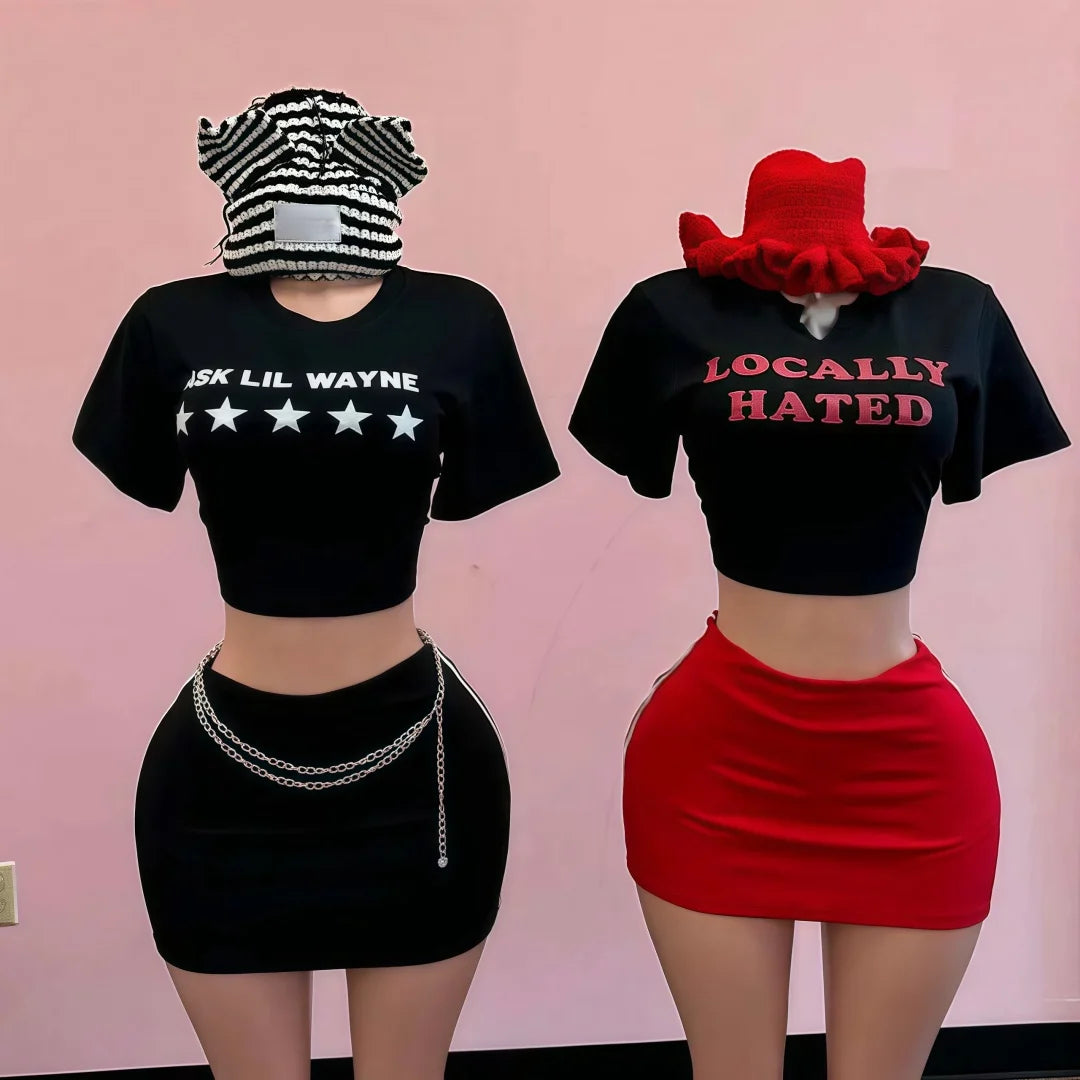 FAGADOER Sexy Women 2 Piece Set Outfit Letter Print Crop Tops + Bodycon Mini Skirts Suit Hot Girl Streetwear Clothing Spring New