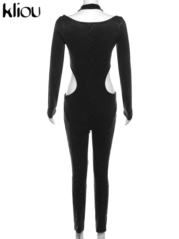 kliou Pure Cotton Jumpsuits ladies Halter Sexy Hollow Out Striped Folds Slim Fit Sexy Cleavage Overalls Stage Attirewear