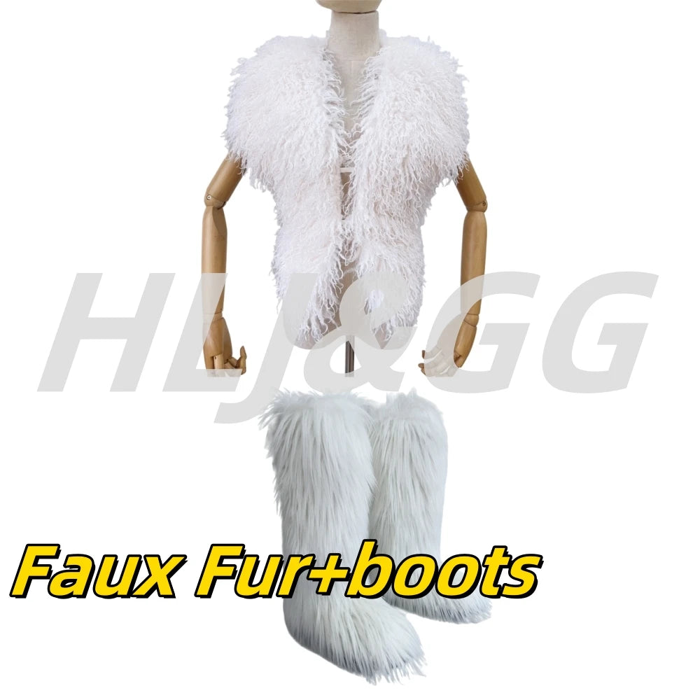 HLJ&GG Trend Y2K Two Piece Sets Women Fur Feather Halter Waistcoat Fashion Backless Lace Up Legs Cover Streetwear Clothing 2025
