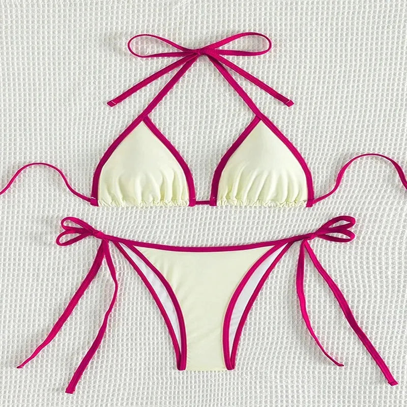 Contrast Color Patchwork Bikinis Bathing Suit Women Sexy Lace Up Triangle Thong Micro Bikini 2025 New Swimwear Biquini Beachwear