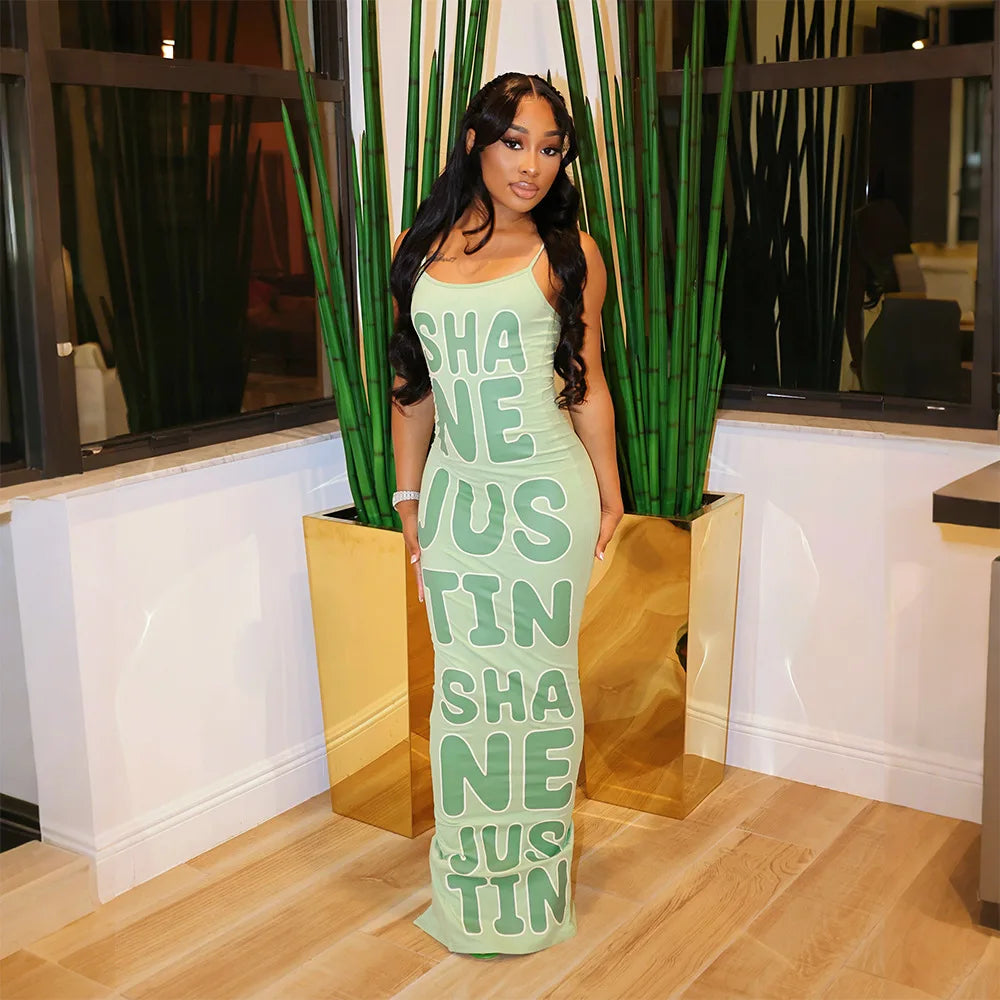 HLJ&GG Summer New Letter Print Bodycon Spaghetti Strap Long Dresses Women Sleeveless Backless Slim Vestidos Fashion Streetwear